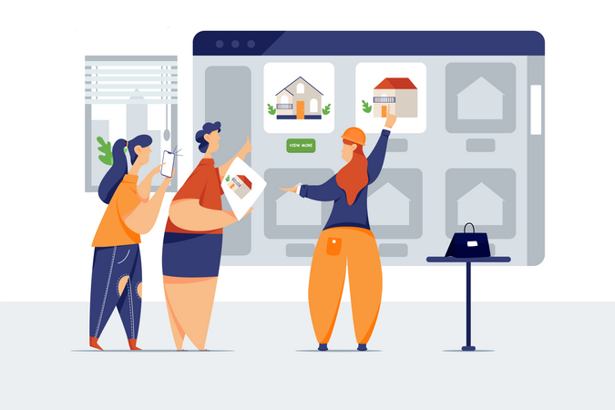 Conceito de seleção e reserva de casa on-line através do escritório do contratante  Ilustração