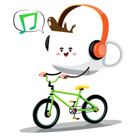 Conceito. O Sr. Coffee anda de bicicleta para relaxar após um árduo dia de trabalho. Ele ouve música enquanto anda de bicicleta. Desenho de ilustra??o vetorial plana  Ilustração