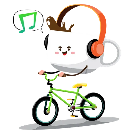 Conceito. O Sr. Coffee anda de bicicleta para relaxar após um árduo dia de trabalho. Ele ouve música enquanto anda de bicicleta. Desenho de ilustra??o vetorial plana  Ilustração