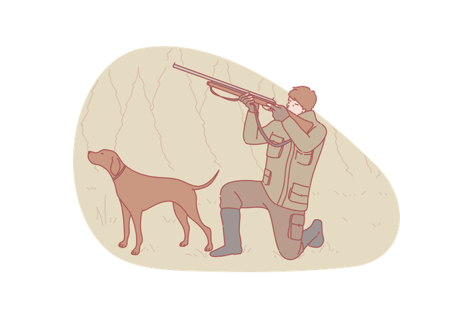 Niño agachado cuidadoso enfocado con perro setter cazando pato  Ilustración