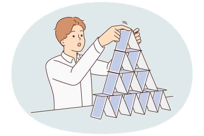 Concentrated man makes pyramid of playing cards symbolizing fragile business structure  Illustration