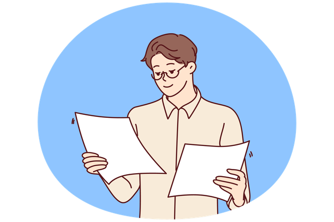 Concentrated man office worker holding two sheets of paper in hands reading report  Illustration