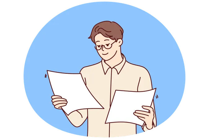 Concentrated man office worker holding two sheets of paper in hands reading report  Illustration