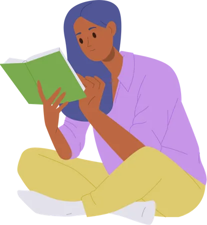 Jeune femme intelligente et concentrée, étudiante, lisant un livre avec intérêt, profitant d'une activité de passe-temps en intérieur  Illustration