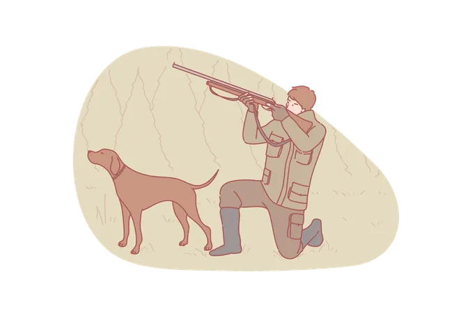 Garçon accroupi attentif et concentré avec un canard de chasse au setter de chien  Illustration