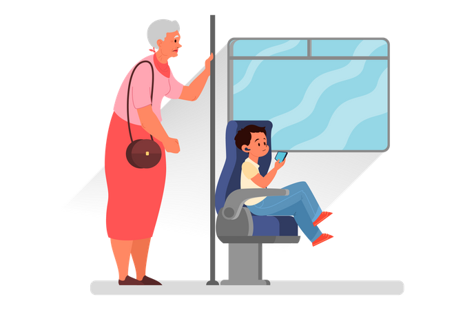 Concept de bonnes manières Femme retraitée debout dans le bus  Illustration