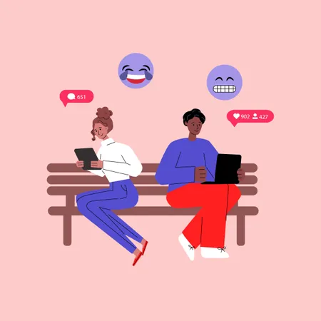 Concept de communication sur les réseaux sociaux avec diverses personnes, personnages de dessins animés, messagerie via des gadgets mobiles  Illustration