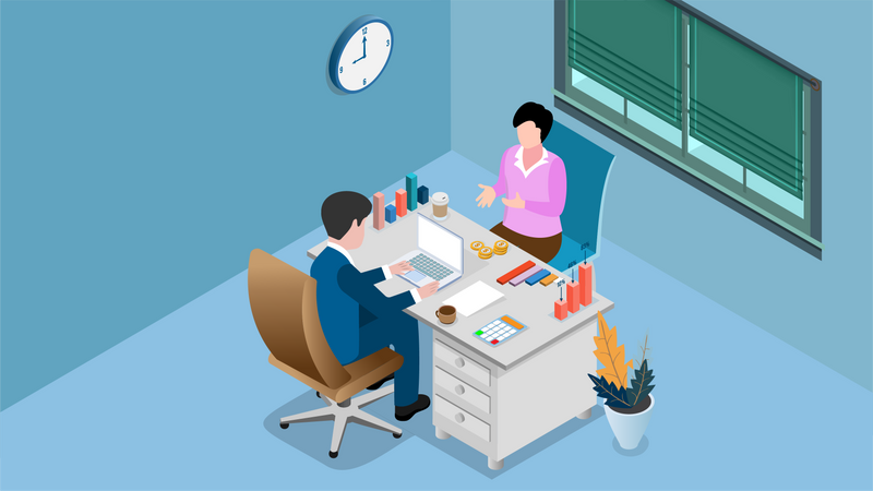 Concept de conseils financiers. Caractère commercial effectuant une opération financière. Analyse budgétaire, consultant financier, conseil. Illustration vectorielle plane de dessin animé  Illustration