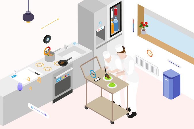 Concept de cuisiniers cuisinant dans une cuisine intelligente  Illustration