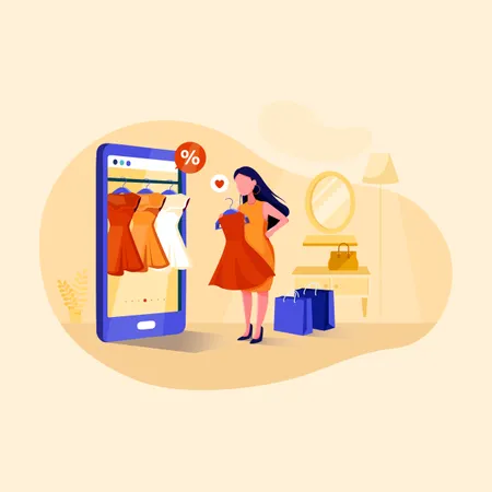 Concept de jeune femme achetant une robe sur un site de commerce électronique à l'aide d'un mobile  Illustration