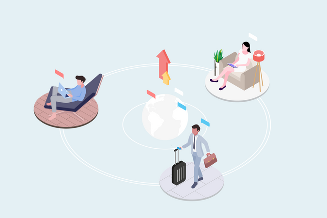 Concept de différentes personnes travaillant n'importe où avec des services de cloud computing  Illustration