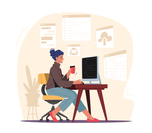 Concept de programmation. Une programmeuse crée un projet de site ou d'interface Web. Concepteur et développeur de sites Web de personnages féminins  Illustration
