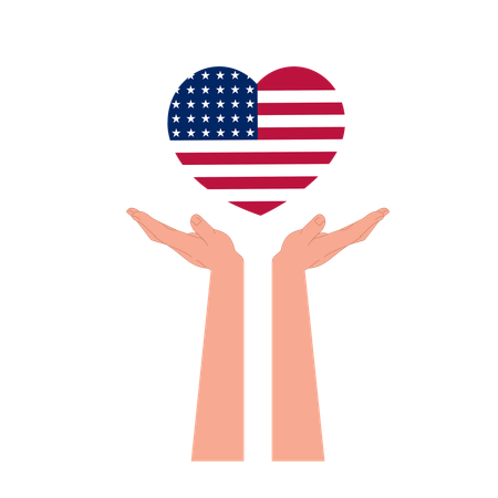 Concept de vote aux États-Unis. Main tenant un cœur avec un motif de drapeau américain. Symbole de patriotisme, de démocratie et de liberté  Illustration