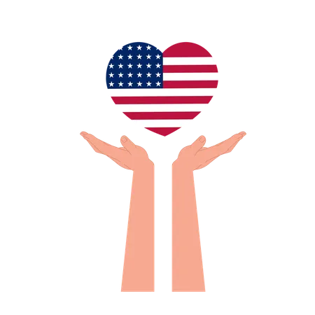 Concept de vote aux États-Unis. Main tenant un cœur avec un motif de drapeau américain. Symbole de patriotisme, de démocratie et de liberté  Illustration