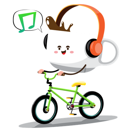 Concept. Mr. Coffee rides a bicycle to relax after a hard day's work. He listens to music while cycling. Flat vector illustration design Illustration