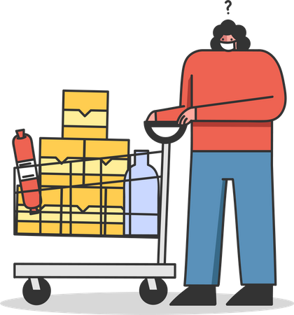 Concept Of a Quarantine During Coronavirus Customer Woman With Trolley Full Of Food In The Supermarket Wearing Protective Mask For Her Safety  Illustration