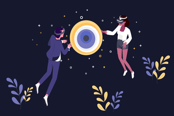 Concept of business target man and woman  flying in virtual reality wearing vr glasses  Illustration