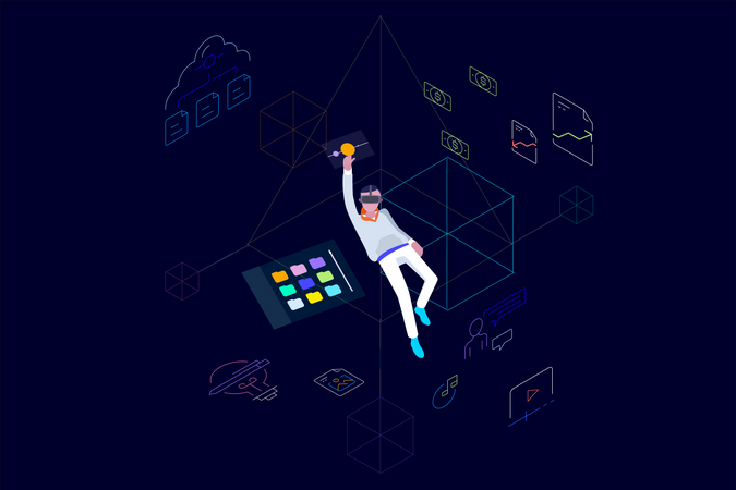 Concept of cloud data storage and data management using vr glasses  Illustration