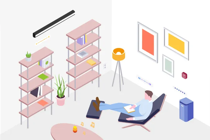 Concept of man relaxing on chair as well as listening music in room  Illustration