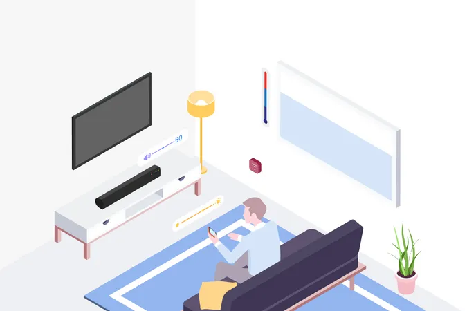 Concept of Man sitting on sofa and using smartphone Illustration