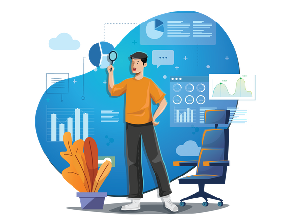 Concept of manager analyzing reports and infographic information  Illustration