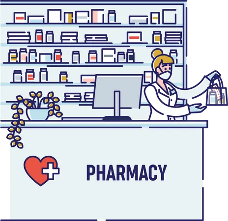 Concept Of Precautionary Measures During Quarantine Woman Pharmacist Sale Drugs In The Protective Mask In Pharmacy For Prevention Of Viral Infection Cartoon Linear Outline Flat Vector Illustration イラスト