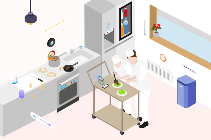 Concepto de cocineros cocinando en cocina inteligente  Ilustración