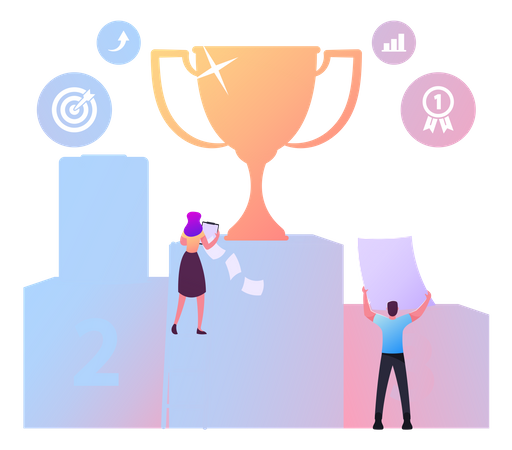 Concepto de competencia empresarial. Pequeños personajes de empresarios subiendo a un pedestal con una copa dorada en la parte superior. Logro de objetivos, desafío de éxito y liderazgo. Ilustración de Vector de personas de dibujos animados  Ilustración