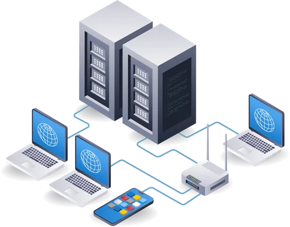 Concepto de computadora de servidor de Internet de conexión de enrutador de red  Ilustración