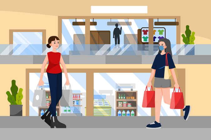 Concepto de distanciamiento social en compras en centro comercial  Ilustración