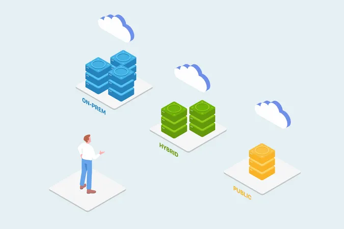 Concepto de elección de hosting adecuado para empresas y gestión de datos  Ilustración
