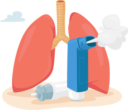 Concepto de enfermedad del asma. Pulmones humanos e inhalador para respirar. Enfermedad crónica, Enfermedad del sistema respiratorio, Remedio  Ilustración