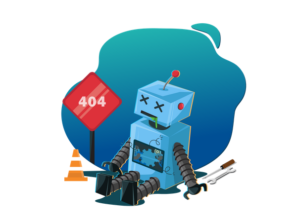 Concepto de error 404 y robot no funciona.  Ilustración