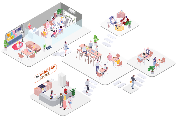 Concepto de lugar de trabajo y cafetería.  Ilustración