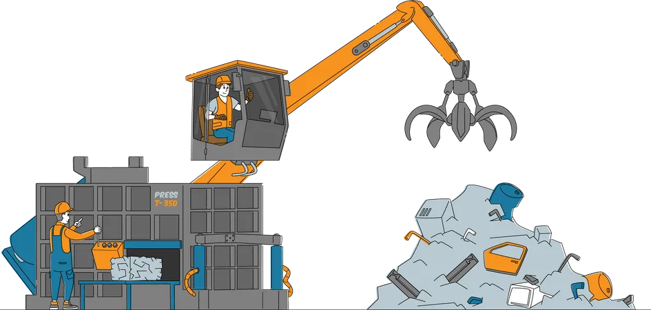 Concepto de reciclaje y reutilización de chatarra. Trabajadores en control uniforme de carga del brazo de la grúa y prensa de chatarra en el depósito de chatarra  Ilustración