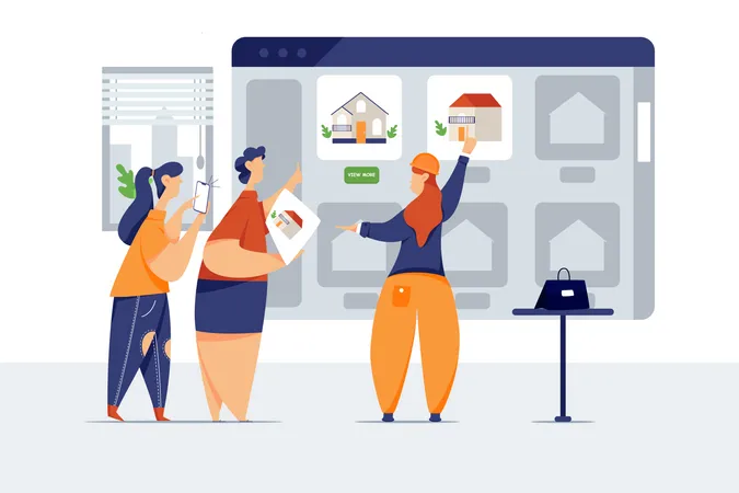 Concepto de selección y reserva de viviendas en línea a través de la oficina del contratista  Illustration
