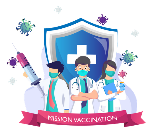 Ilustración vectorial del concepto de vacunación, los médicos con inyecciones están luchando contra el coronavirus Covid-19, plantilla vectorial plana  Ilustración
