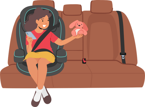Seguridad infantil y concepto de viaje cómodo. Personaje de niña sentada en el asiento del coche, niño feliz en una silla cómoda  Ilustración