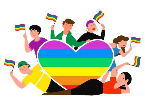 Ilustración vectorial del concepto del mes del orgullo LGBT. Caricatura de un grupo de jóvenes amantes parados juntos, saludando, sosteniendo el corazón del arco iris y la bandera LGBT en las manos, amor homosexual del arco iris aislado en el fondo cian  Ilustración