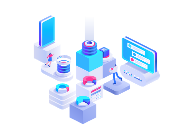 Concepto isométrico de intercambio de criptomonedas. Personas que trabajan en el negocio de las criptomonedas, minería de bitcoins, análisis de datos. Marketing, desarrollo, herramientas financieras. Ilustración de personajes vectoriales en diseño isométr  Ilustración