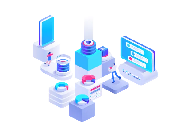 Concepto isométrico de intercambio de criptomonedas. Personas que trabajan en el negocio de las criptomonedas, minería de bitcoins, análisis de datos. Marketing, desarrollo, herramientas financieras. Ilustración de personajes vectoriales en diseño isométr  Ilustración