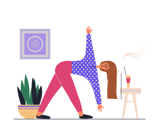 Concepto web de fitness en casa con escena de personas en diseño plano. Mujer haciendo ejercicios de estiramiento o entrenamiento de Pilates, haciendo asanas de yoga. Ilustración vectorial con situación de personaje para web  Ilustración