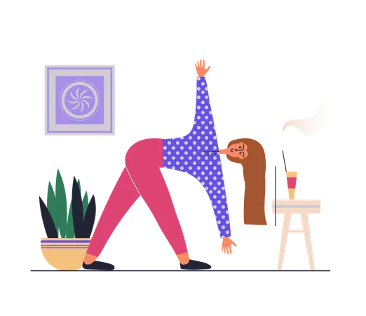 Concepto web de fitness en casa con escena de personas en diseño plano. Mujer haciendo ejercicios de estiramiento o entrenamiento de Pilates, haciendo asanas de yoga. Ilustración vectorial con situación de personaje para web  Ilustración