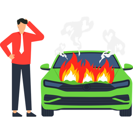 Concerned man standing beside burning car  Illustration