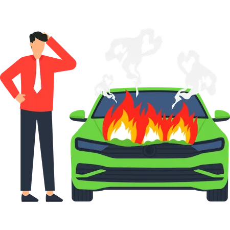 Concerned man standing beside burning car  Illustration