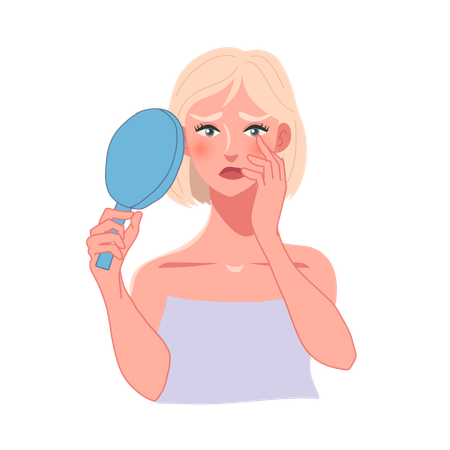 Concerned Woman Examining Skin in Mirror  Illustration
