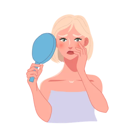 Concerned Woman Examining Skin in Mirror  Illustration