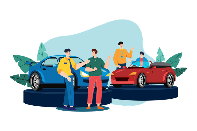 Concesionario de automóviles mostrando el automóvil a los clientes  Ilustración