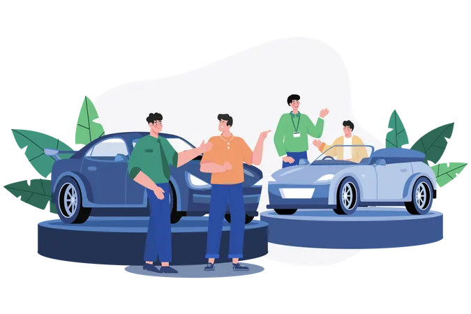 Concesionario de automóviles mostrando el automóvil a los clientes  Ilustración
