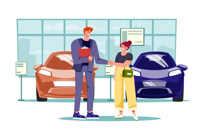 Vendedor de concesionario de automóviles saludando al cliente  Ilustración
